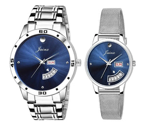 Couple's Blue Dial Day & Date Function Stainless Steel Chain Analog Watch - JC479 - Jainx Store