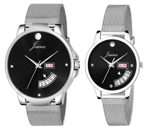 Couple's Black Day & Date Function Dial Stainless Steel Chain Analog Watch