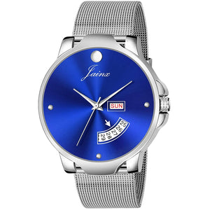 blue dial silver mesh chain watch for men 