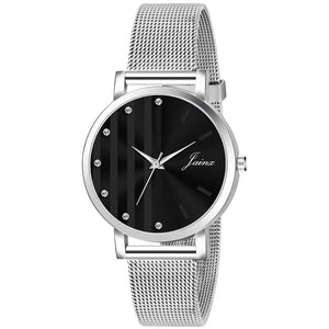 black dial with stones and silver mesh chain analog watch for men