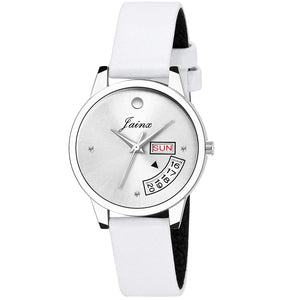Silver Day & Date Function Genuine Leather Strap Analog Watch - For Women JW600 - Jainx Store