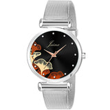 Floral Design Black Dial Steel Mesh Chain Analog Watch For Women