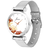 Floral Design White Dial Steel Mesh Chain Analog Watch For Women