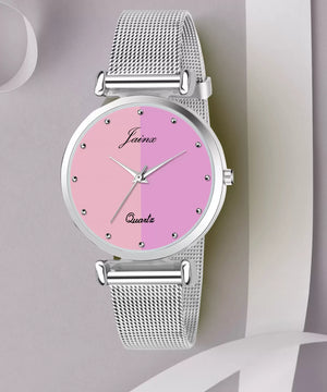 Pink Dial Steel Mesh Chain Analog Watch For Women