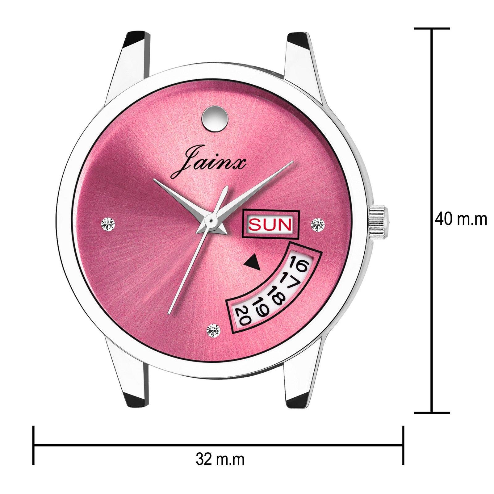 Jainx JW597 Pink Day & Date Function Dial Steel Mesh Chain Analog Watch - For Women - Nice Deal Enterprises Pvt. Ltd.