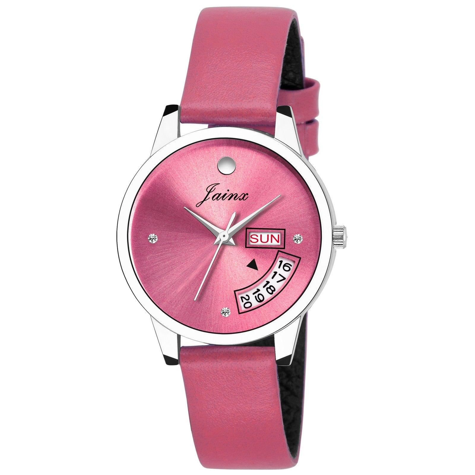 Jainx JW601 Pink Day & Date Function Genuine Leather Strap Analog Watch - For Women - Nice Deal Enterprises Pvt. Ltd.
