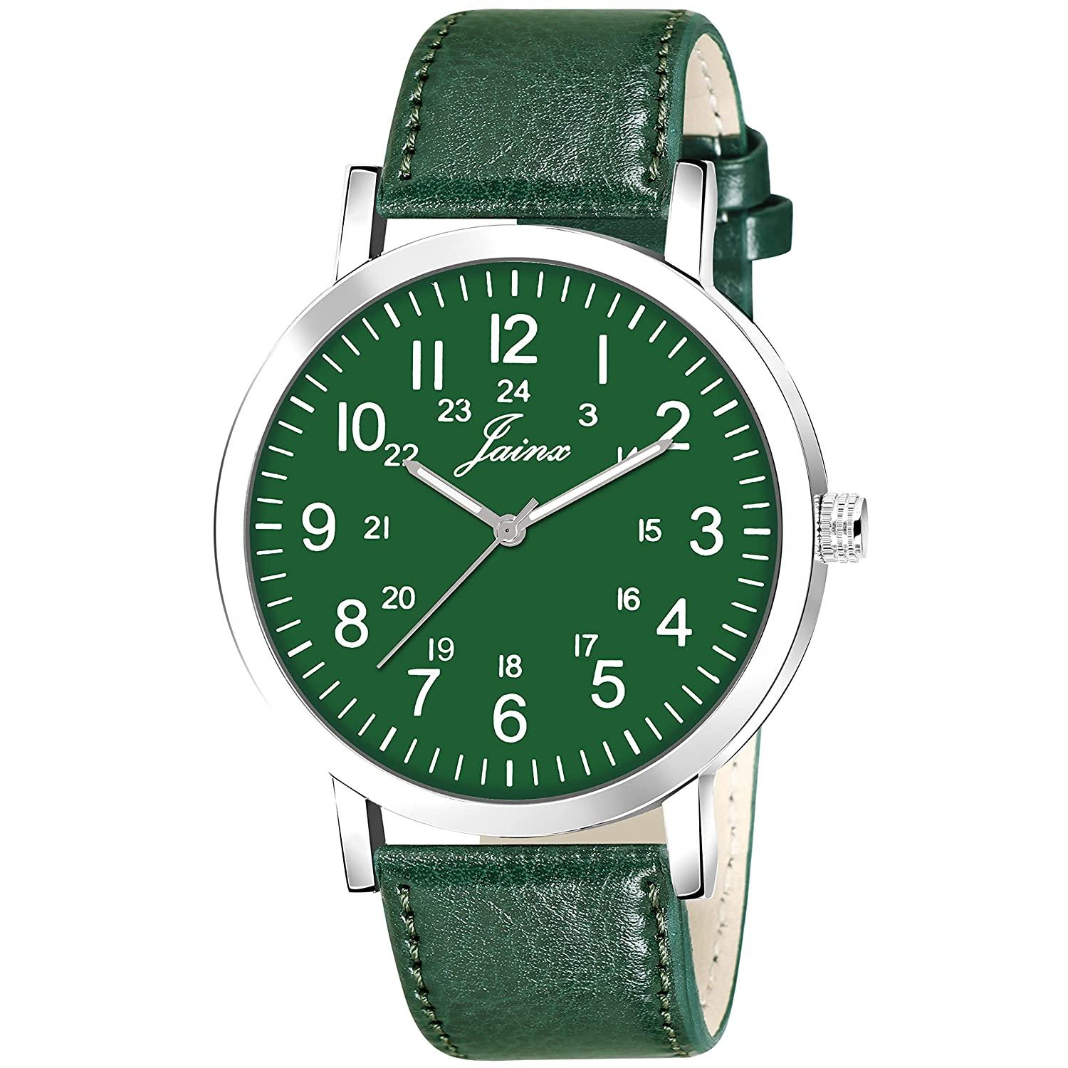 Men's Green Leather Strap Analogue Watch - Jainx JM7143 - Jainx Store