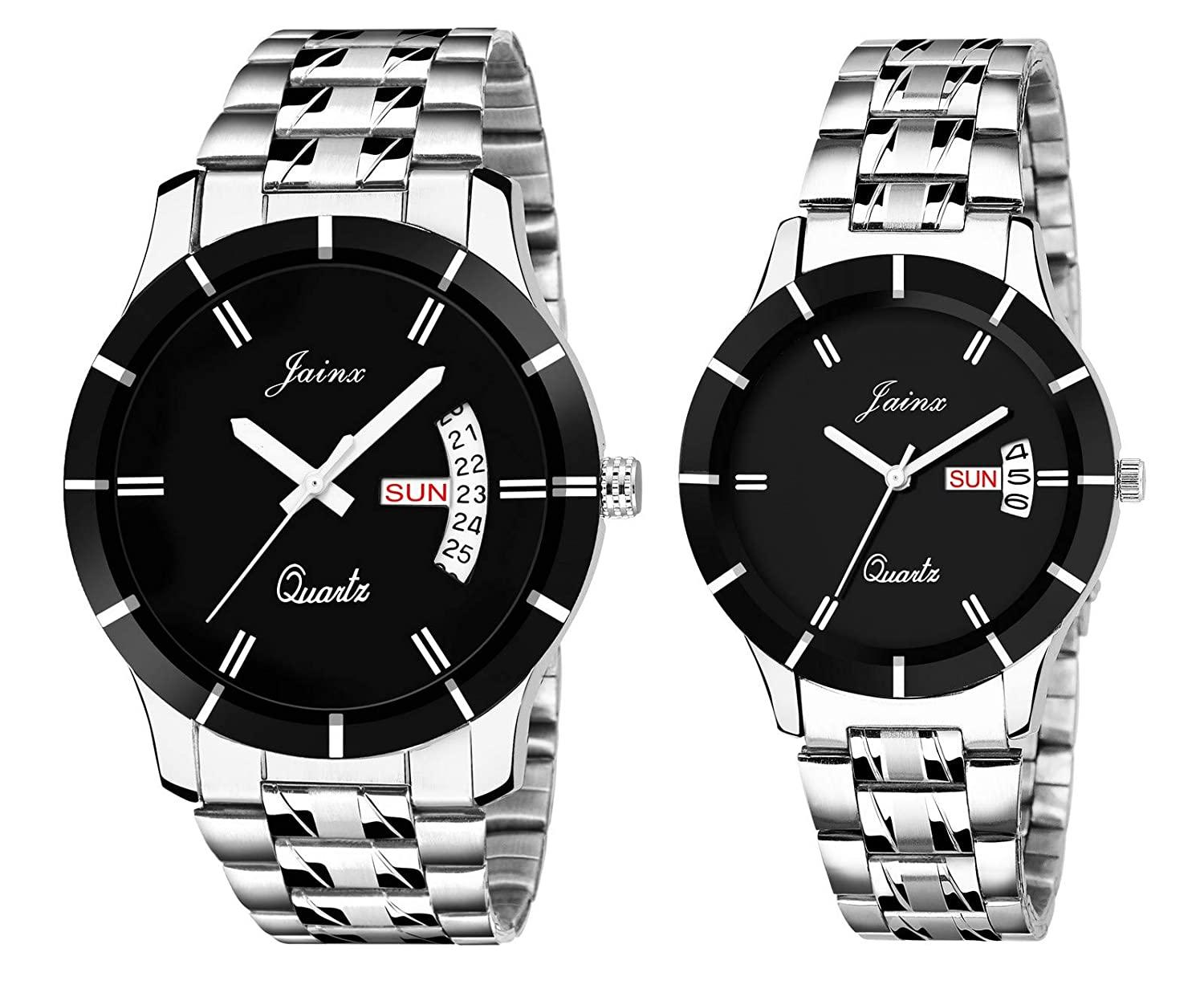 Jainx Day & Date Feature Analogue Couple Watch (Black Dial Silver Colored Chain) - Jainx Store