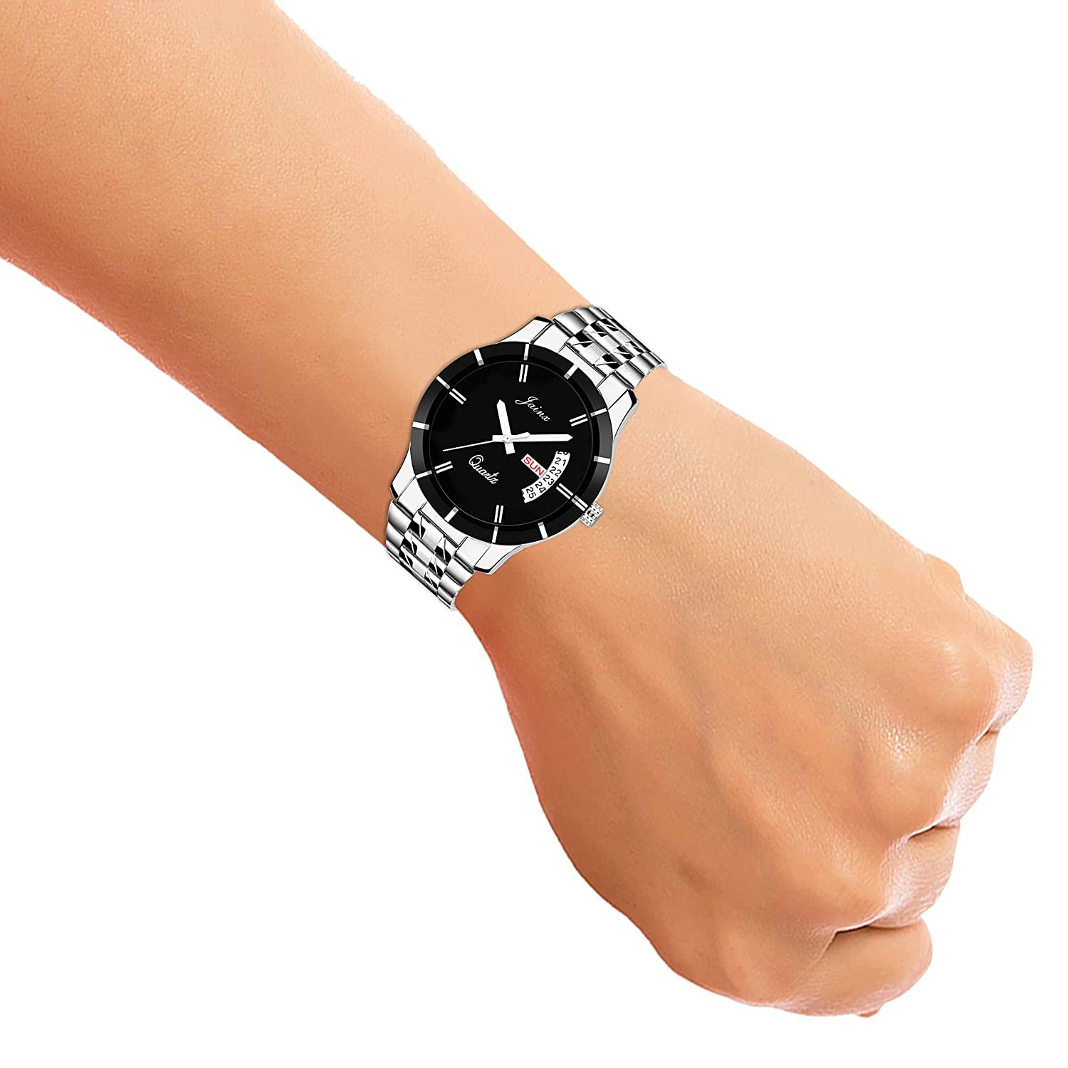 Jainx Day & Date Feature Analogue Couple Watch (Black Dial Silver Colored Chain) - Jainx Store
