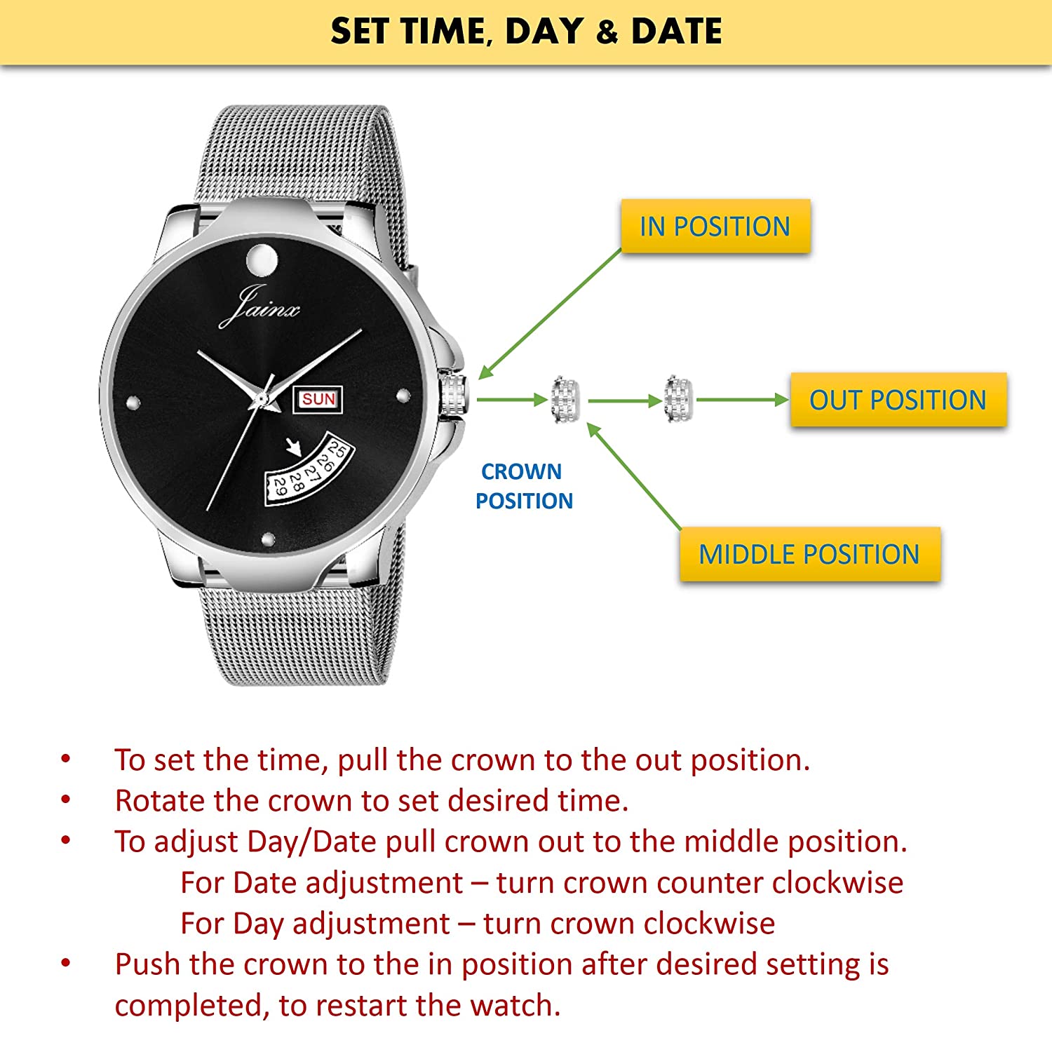 Black Day & Date Steel Mesh Chain Analog Watch - For Men JM7118 - Jainx Store