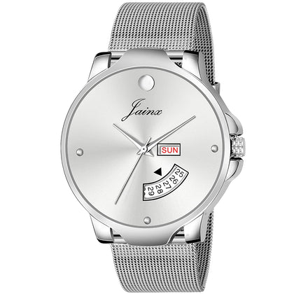 Silver Day & Date Steel Mesh Chain Analog Watch - For Men JM7117 - Jainx Store