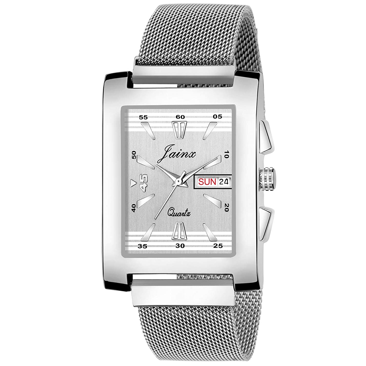 Square Silver Magnet Mesh Chain Day and Date Functioning Analog Watch - For Men JM360 - Jainx Store