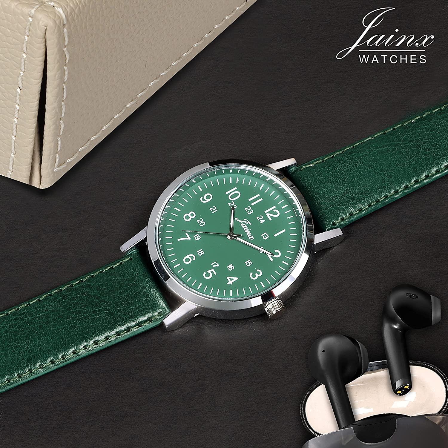 Men's Green Leather Strap Analogue Watch - Jainx JM7143 - Jainx Store