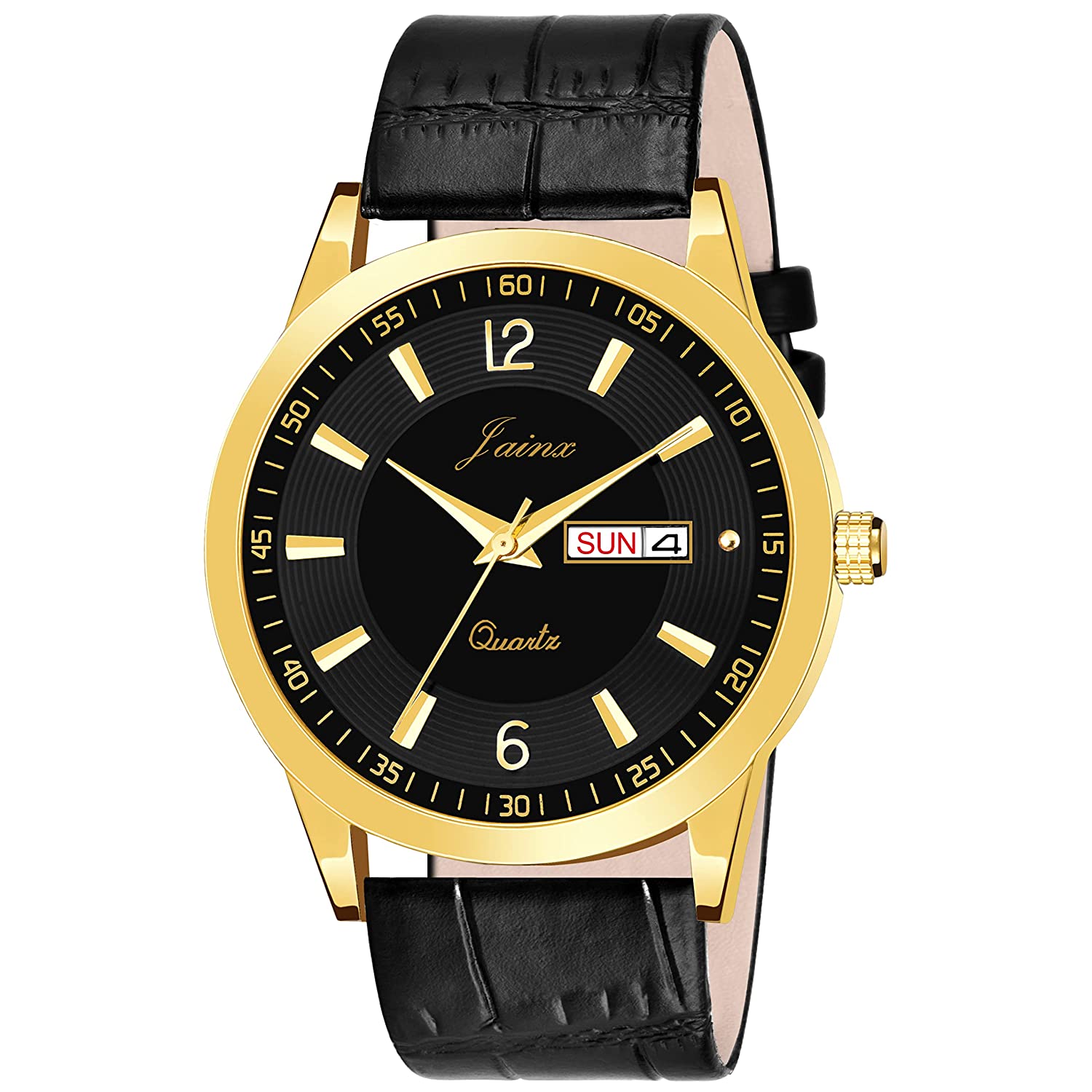Premium Black Day & Date Function Dial Black Leather Strap Analog Watch - For Men JM1165 - Jainx Store