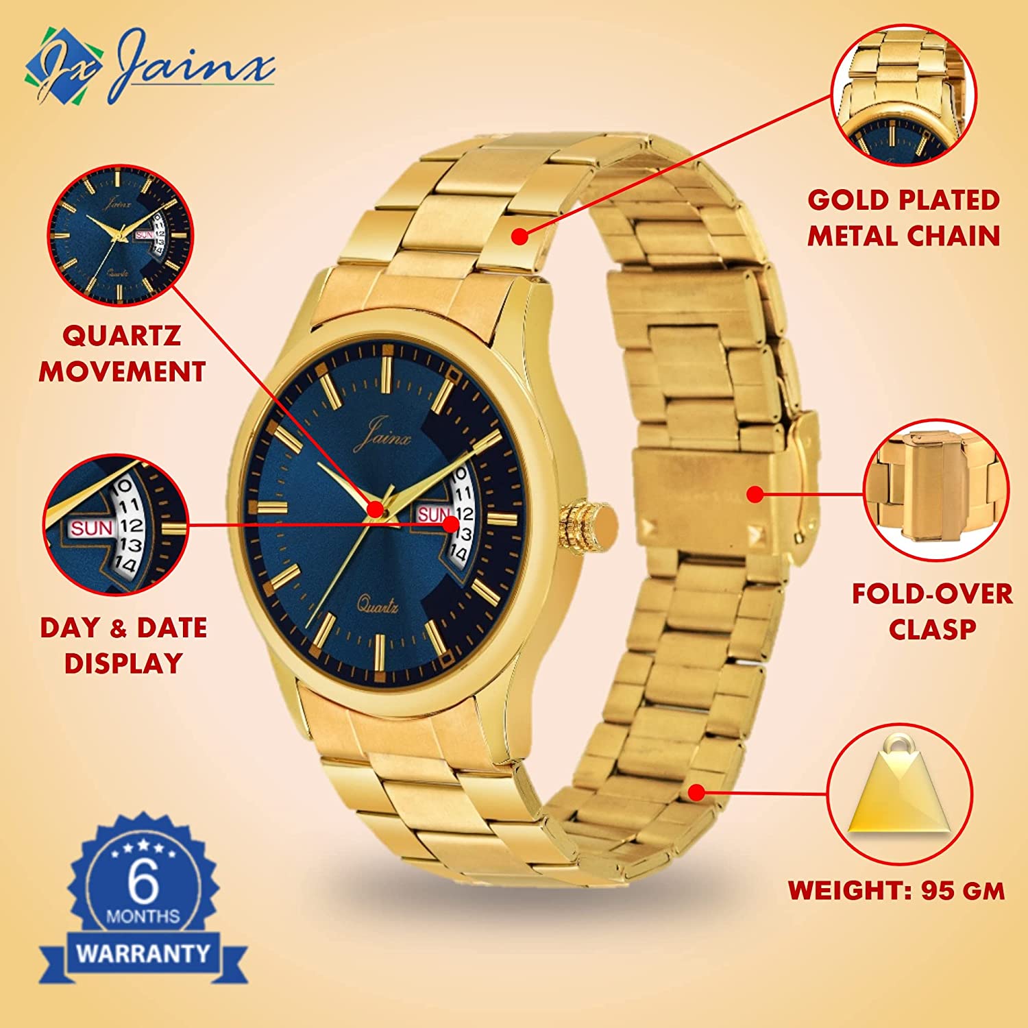 Premium Day and Date Function Blue Dial Golden Analog Watch - For Men JM1169 - Jainx Store
